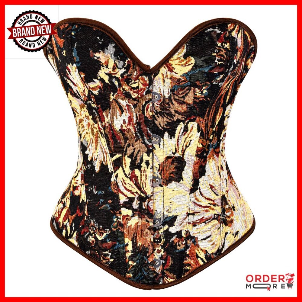 Vintage Floral Denim Overbust Corset Top with Steel Boning